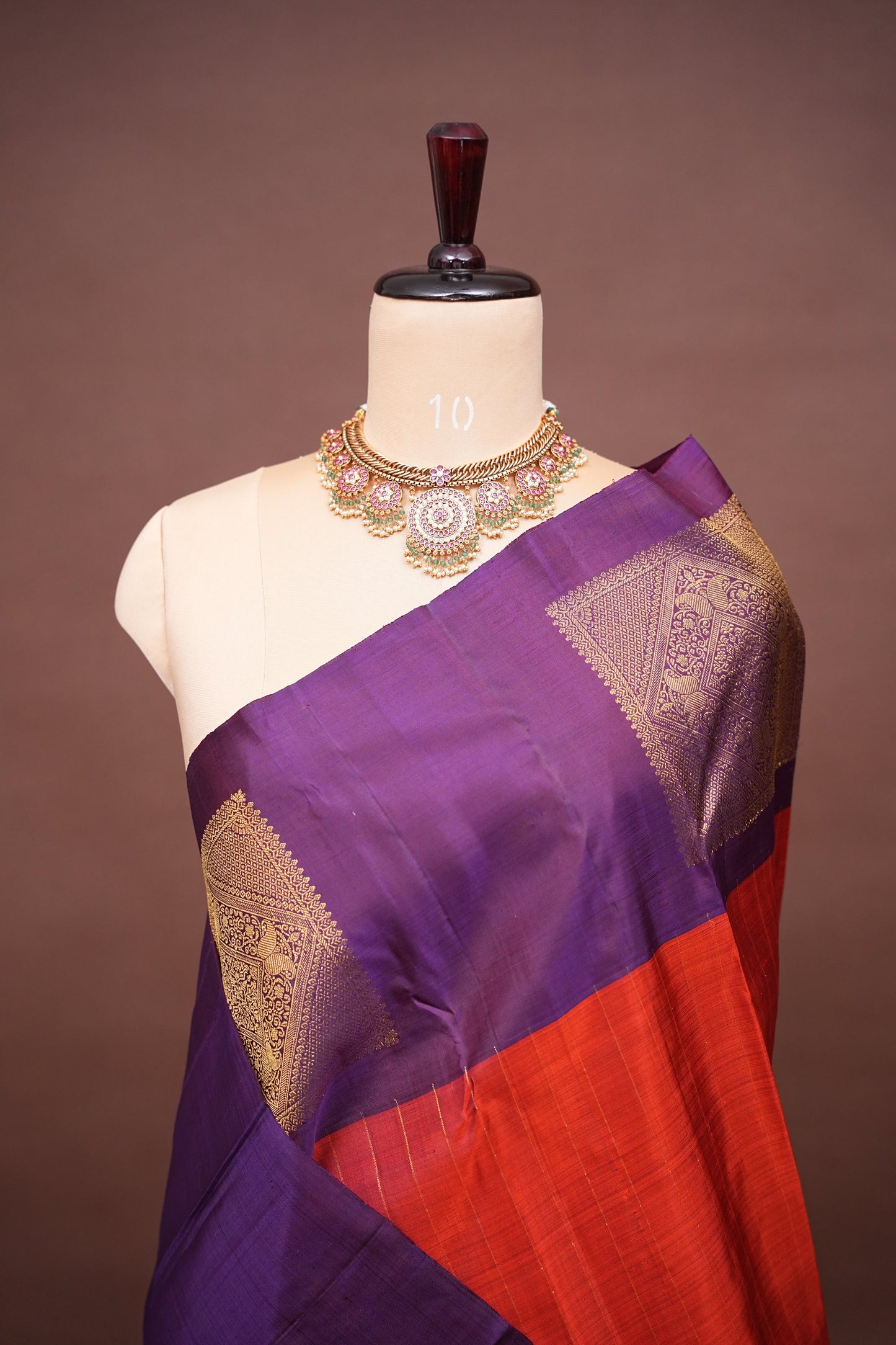 Pure Kanchipuram Silk Saree with Antique Zari Border - Rust & Purple