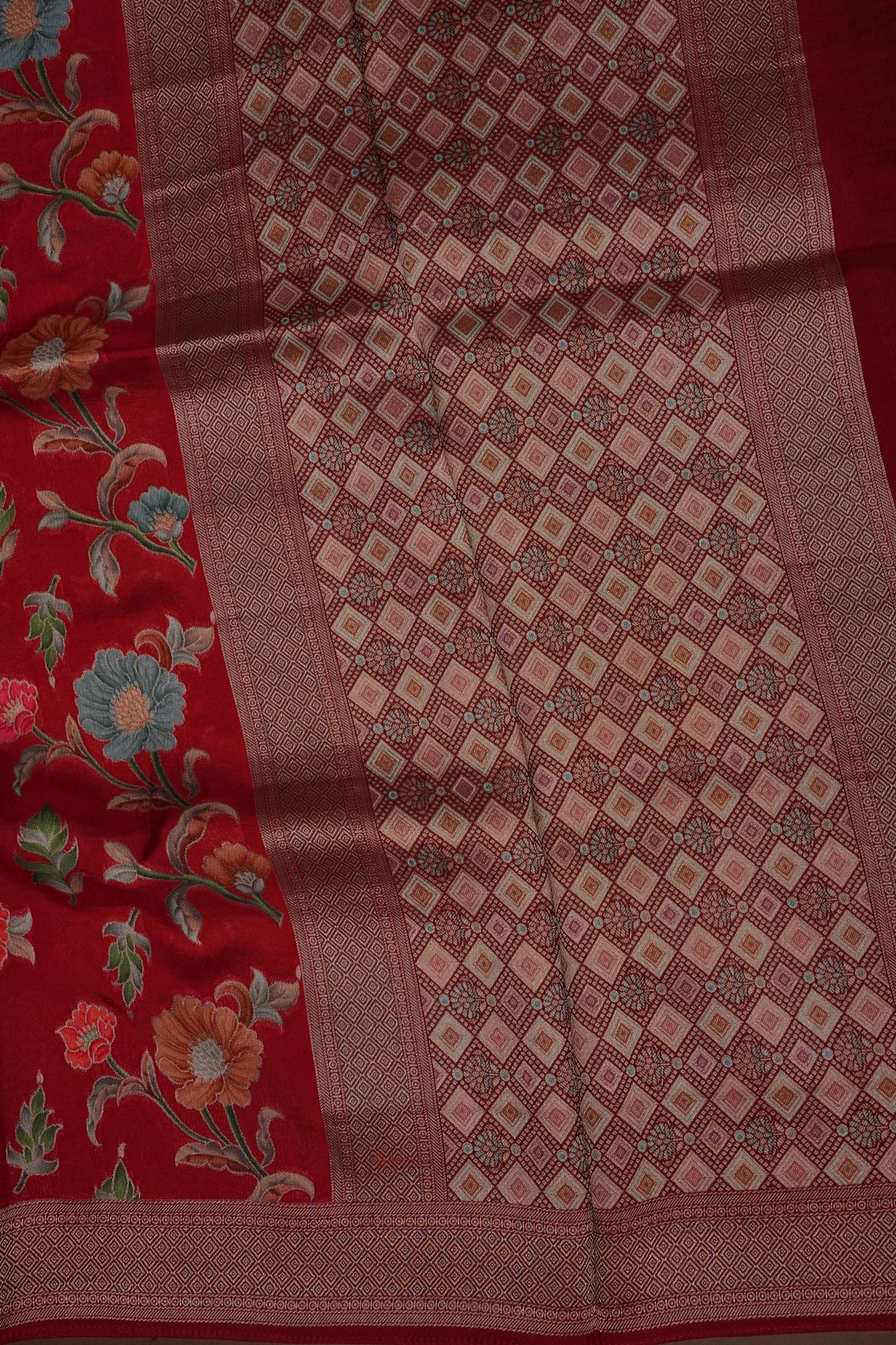 Tussar Banarasi Raw Silk Saree with Floral Paithani Weaves – Deep Red