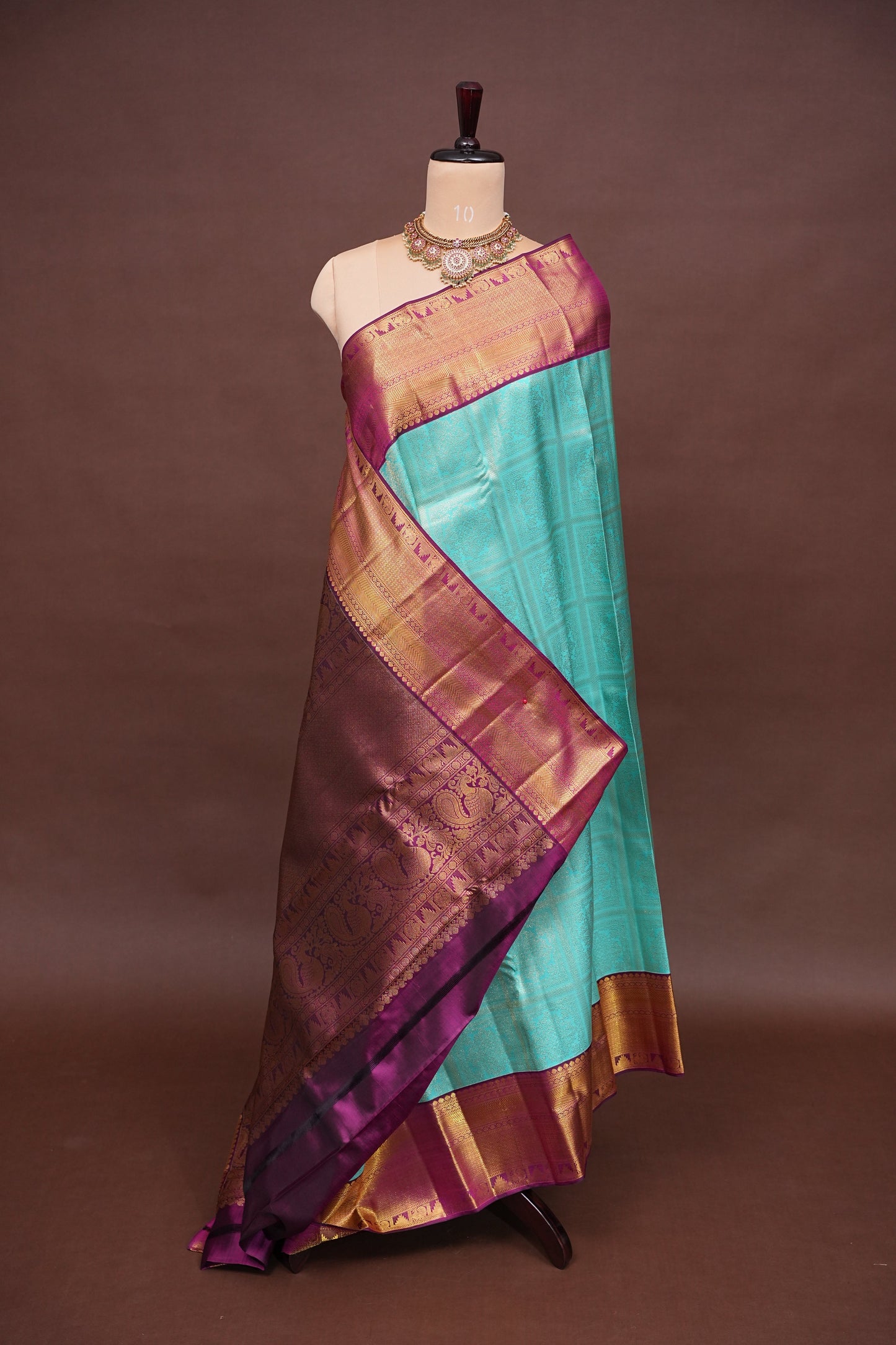 Pure Kanchipuram Silk Saree with Contrast Purple Border & Rich 2 Gram Zari - Aqua Blue