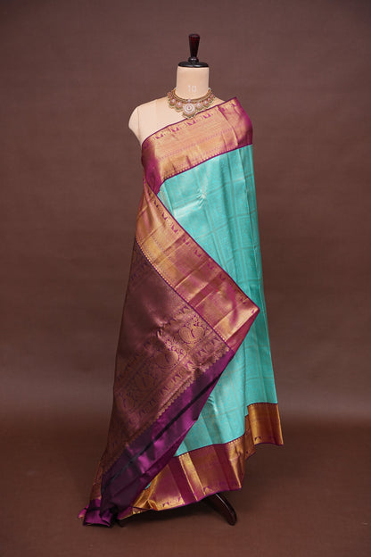 Pure Kanchipuram Silk Saree with Contrast Purple Border & Rich 2 Gram Zari - Aqua Blue