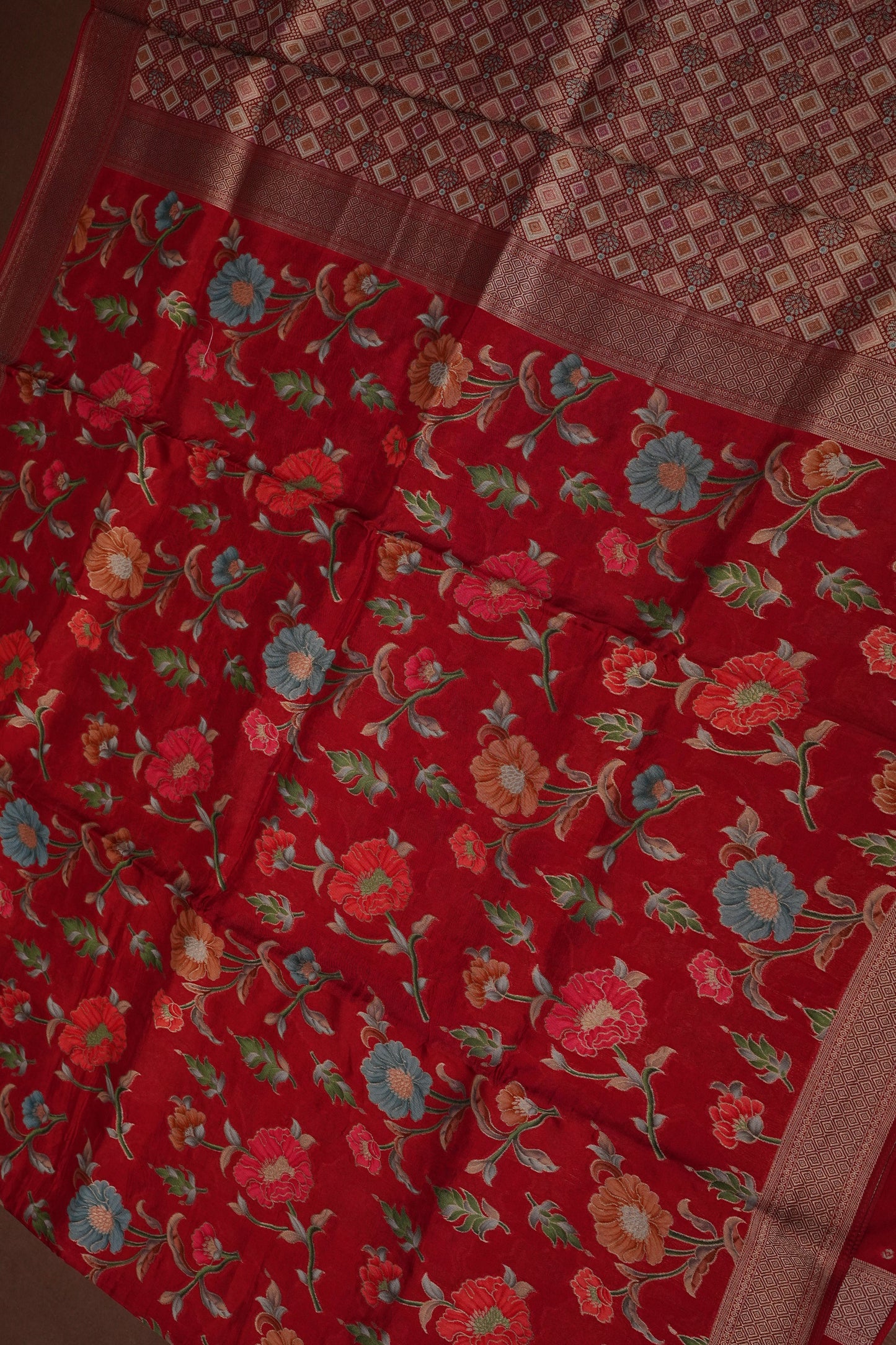 Tussar Banarasi Raw Silk Saree with Floral Paithani Weaves – Deep Red