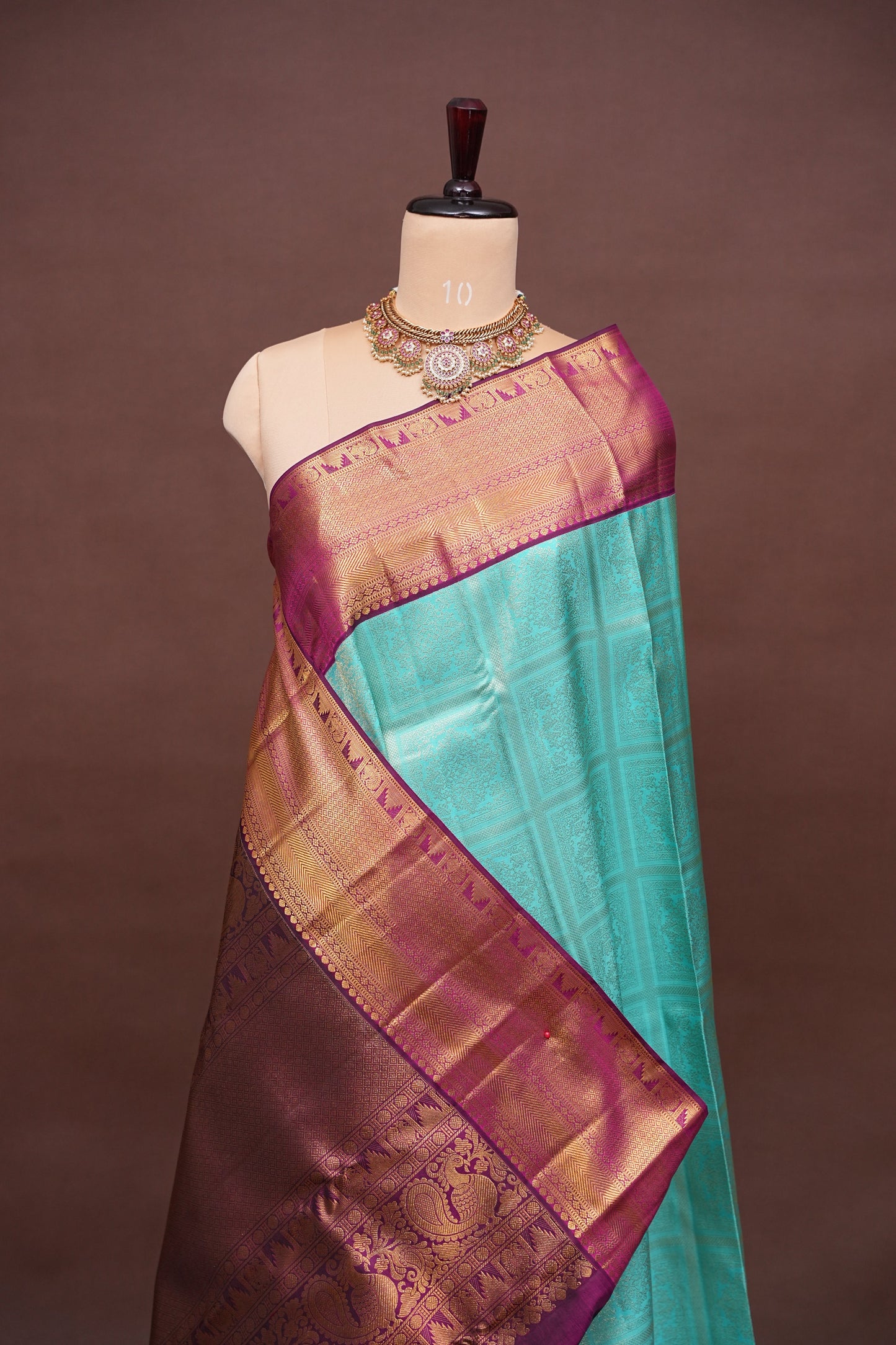 Pure Kanchipuram Silk Saree with Contrast Purple Border & Rich 2 Gram Zari - Aqua Blue