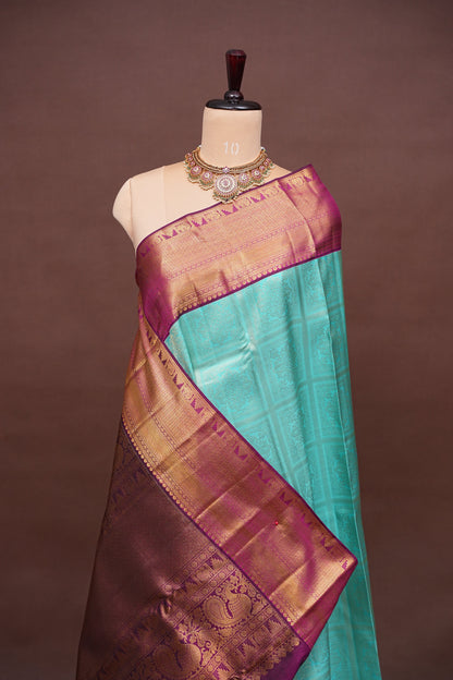 Pure Kanchipuram Silk Saree with Contrast Purple Border & Rich 2 Gram Zari - Aqua Blue