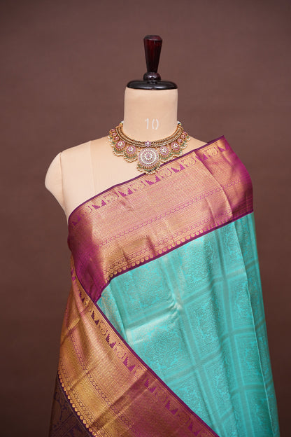 Pure Kanchipuram Silk Saree with Contrast Purple Border & Rich 2 Gram Zari - Aqua Blue
