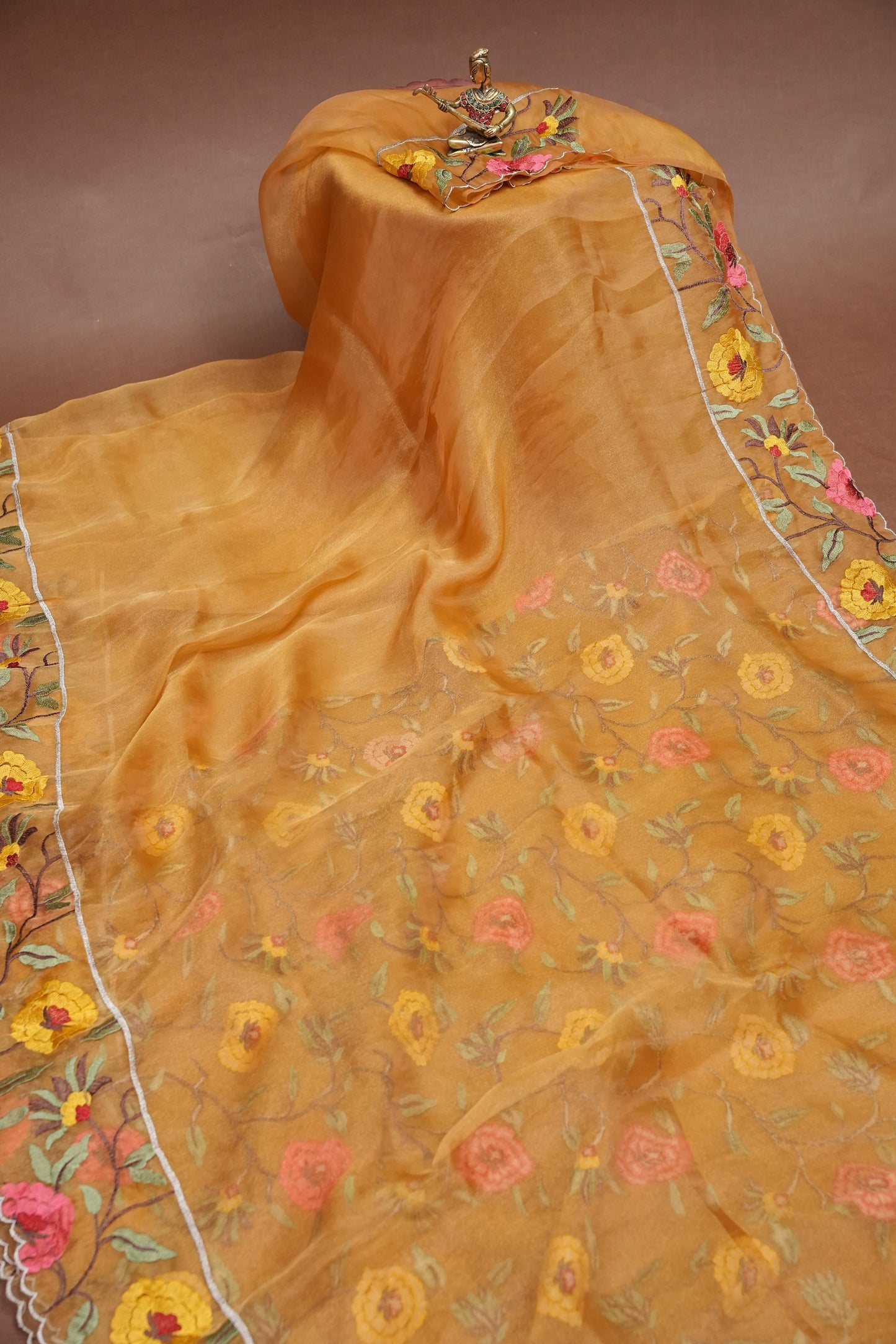 Soft Organza Saree with Floral Embroidered Border - Mustard Yellow