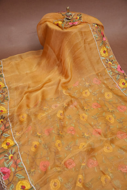 Soft Organza Saree with Floral Embroidered Border - Mustard Yellow