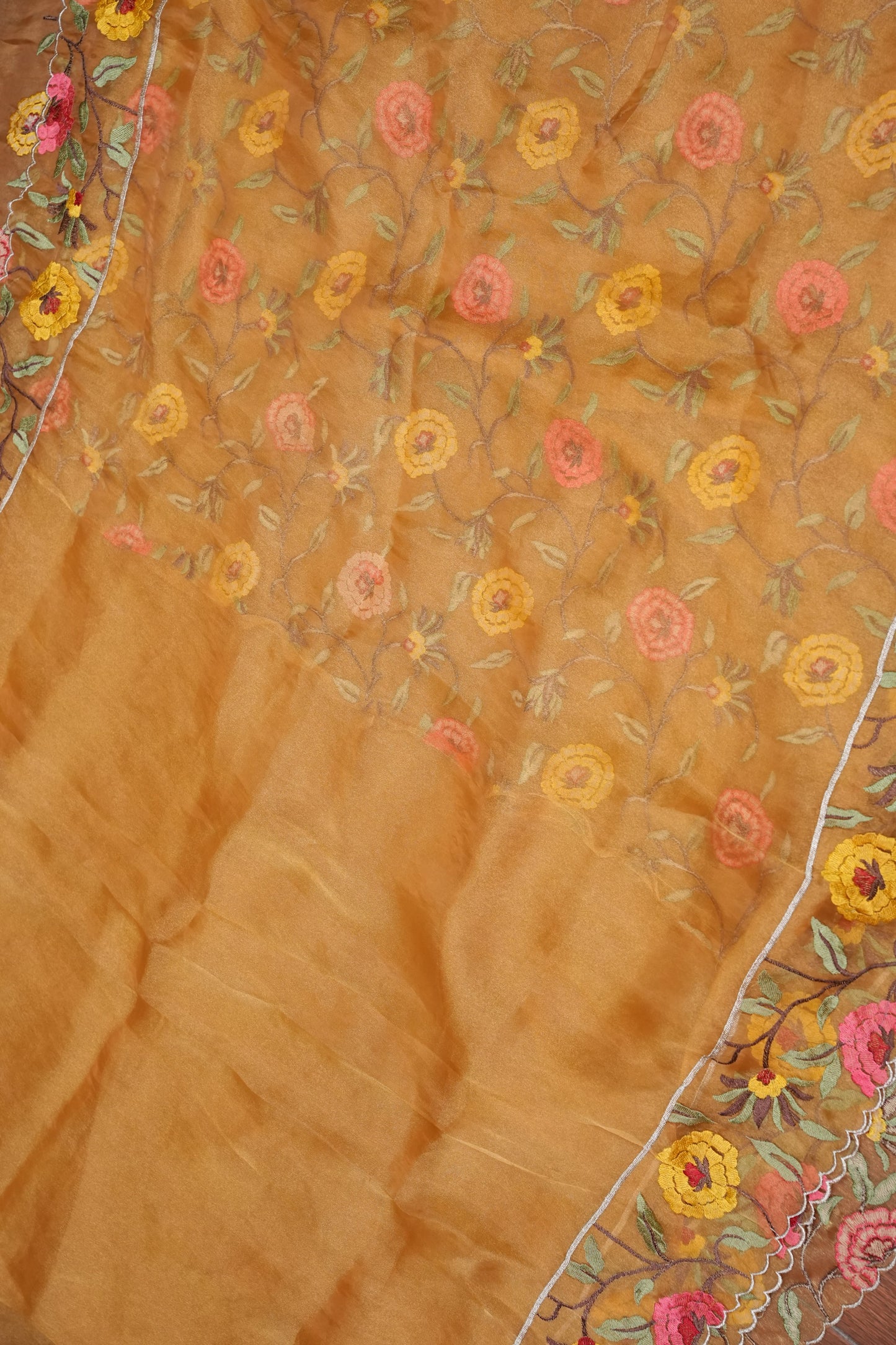 Soft Organza Saree with Floral Embroidered Border - Mustard Yellow