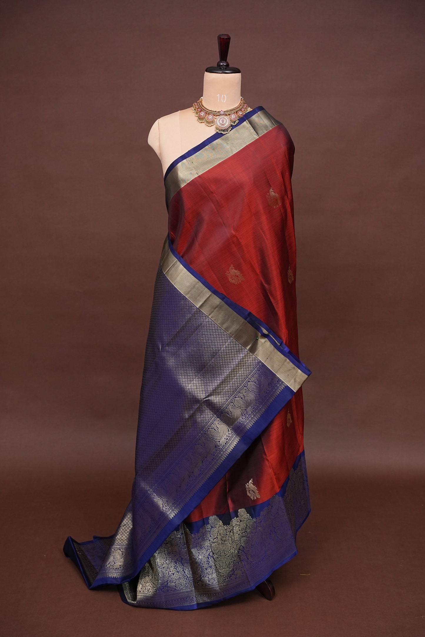 Pure Kanchipuram Silk Saree with Gold Zari Weave - Rust & Navy Blue