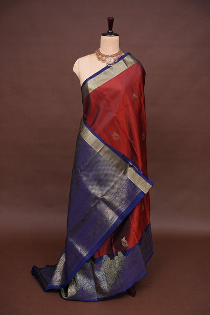 Pure Kanchipuram Silk Saree with Gold Zari Weave - Rust & Navy Blue