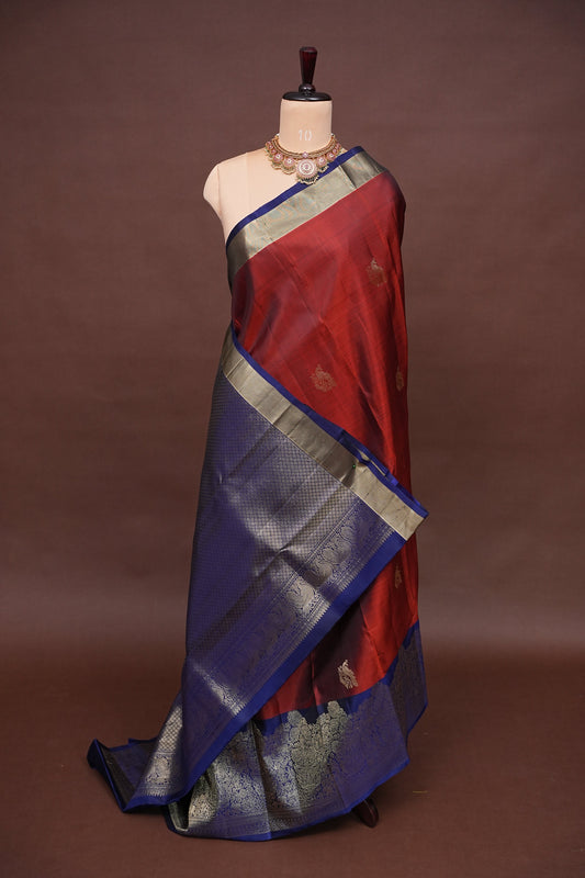 Pure Kanchipuram Silk Saree with Gold Zari Weave - Rust & Navy Blue