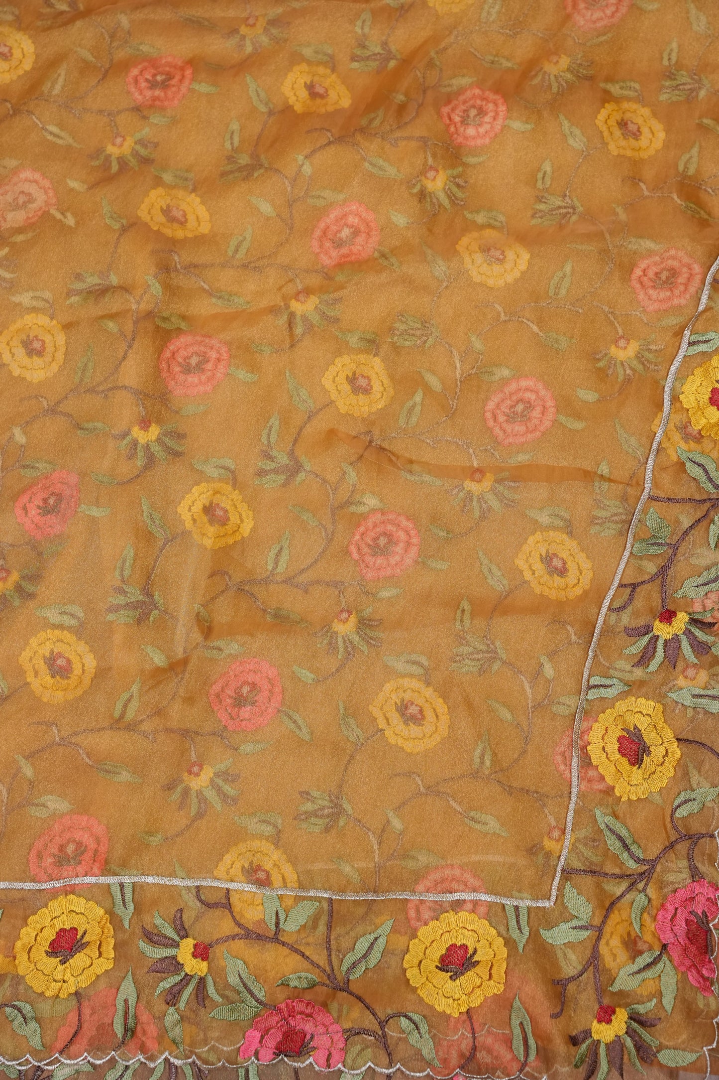 Soft Organza Saree with Floral Embroidered Border - Mustard Yellow