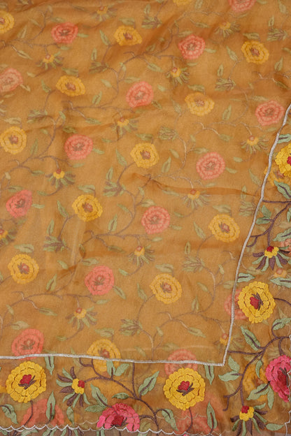 Soft Organza Saree with Floral Embroidered Border - Mustard Yellow