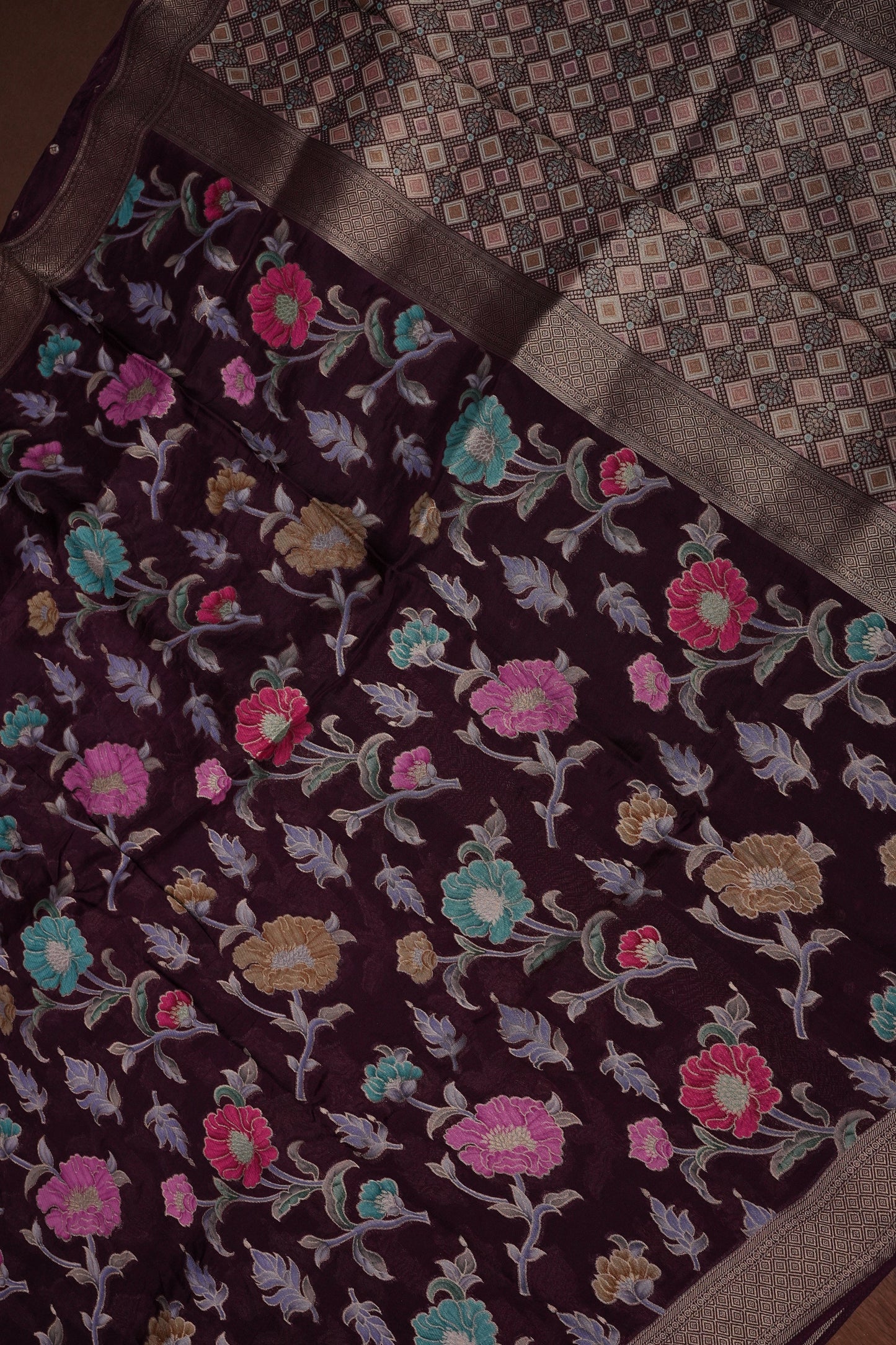 Tussar Banarasi Raw Silk Saree with Floral Paithani Weaves – Wine