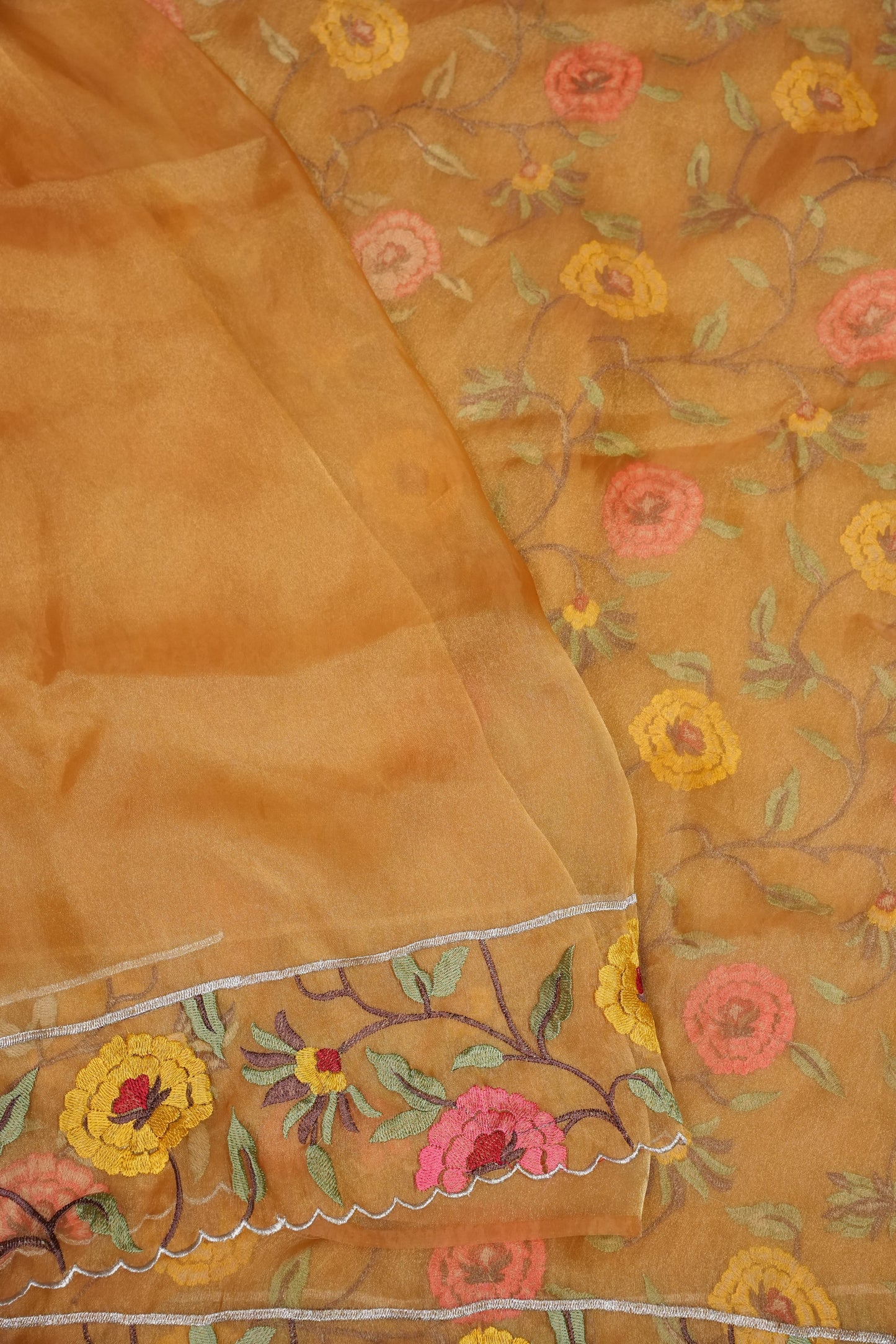 Soft Organza Saree with Floral Embroidered Border - Mustard Yellow