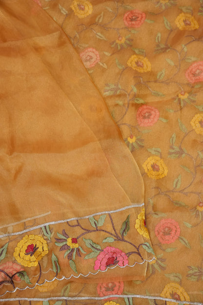 Soft Organza Saree with Floral Embroidered Border - Mustard Yellow