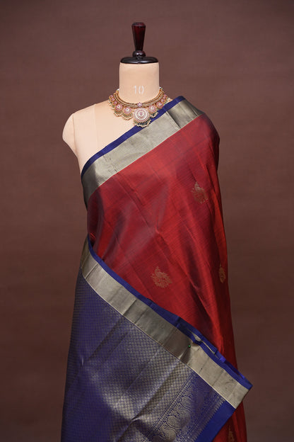 Pure Kanchipuram Silk Saree with Gold Zari Weave - Rust & Navy Blue