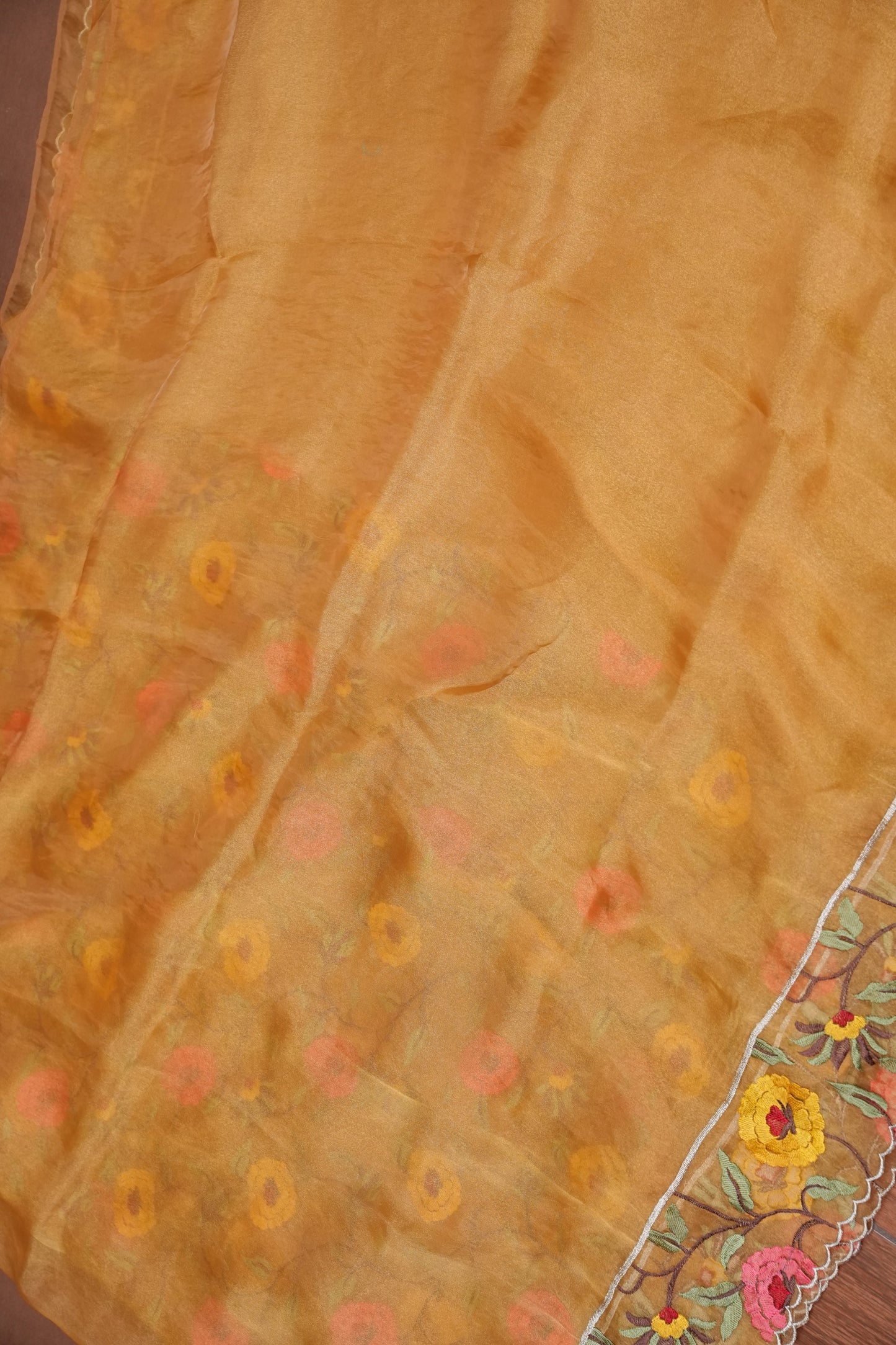 Soft Organza Saree with Floral Embroidered Border - Mustard Yellow