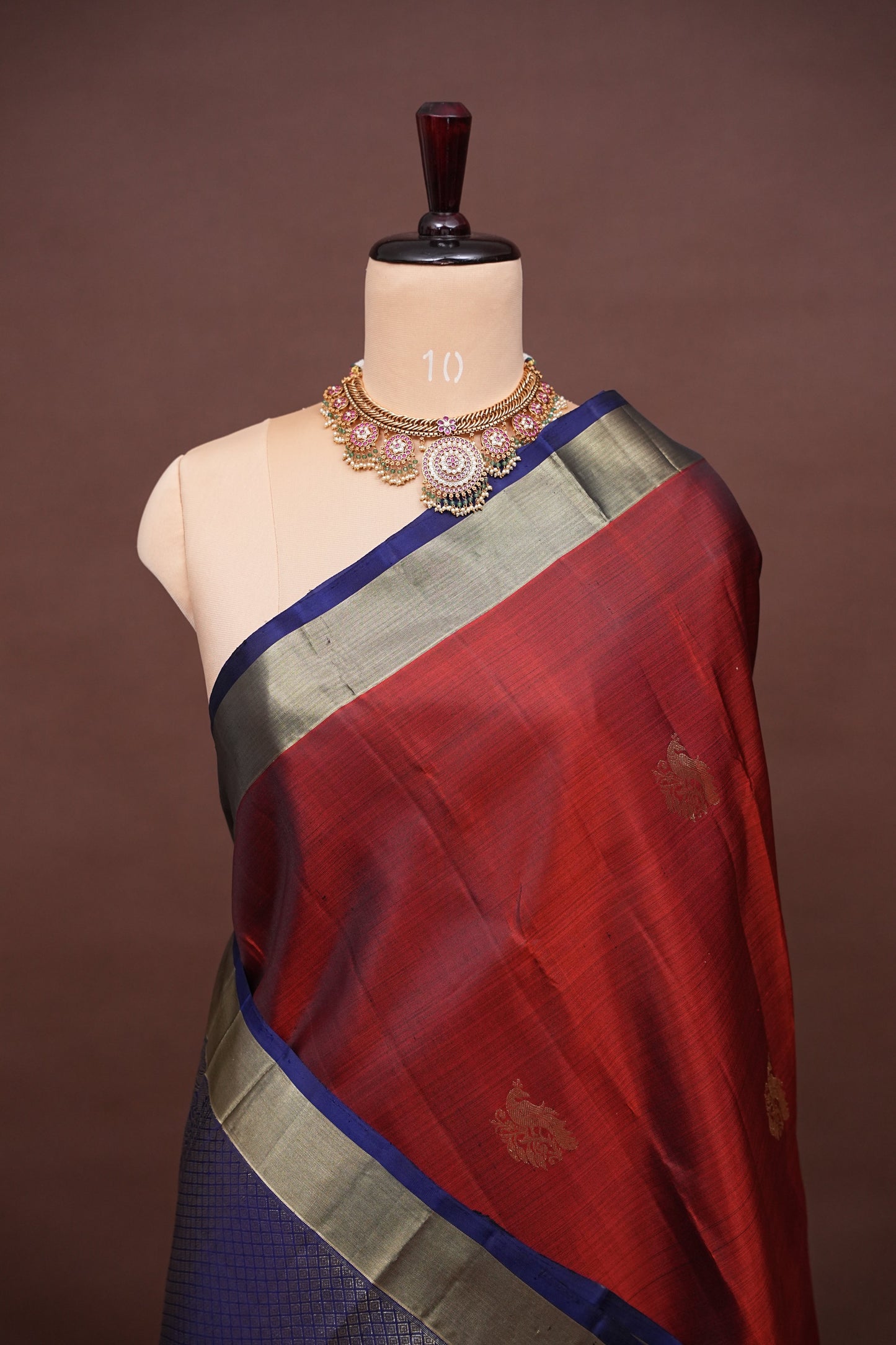 Pure Kanchipuram Silk Saree with Gold Zari Weave - Rust & Navy Blue