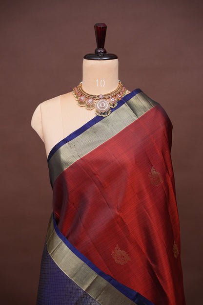 Pure Kanchipuram Silk Saree with Gold Zari Weave - Rust & Navy Blue