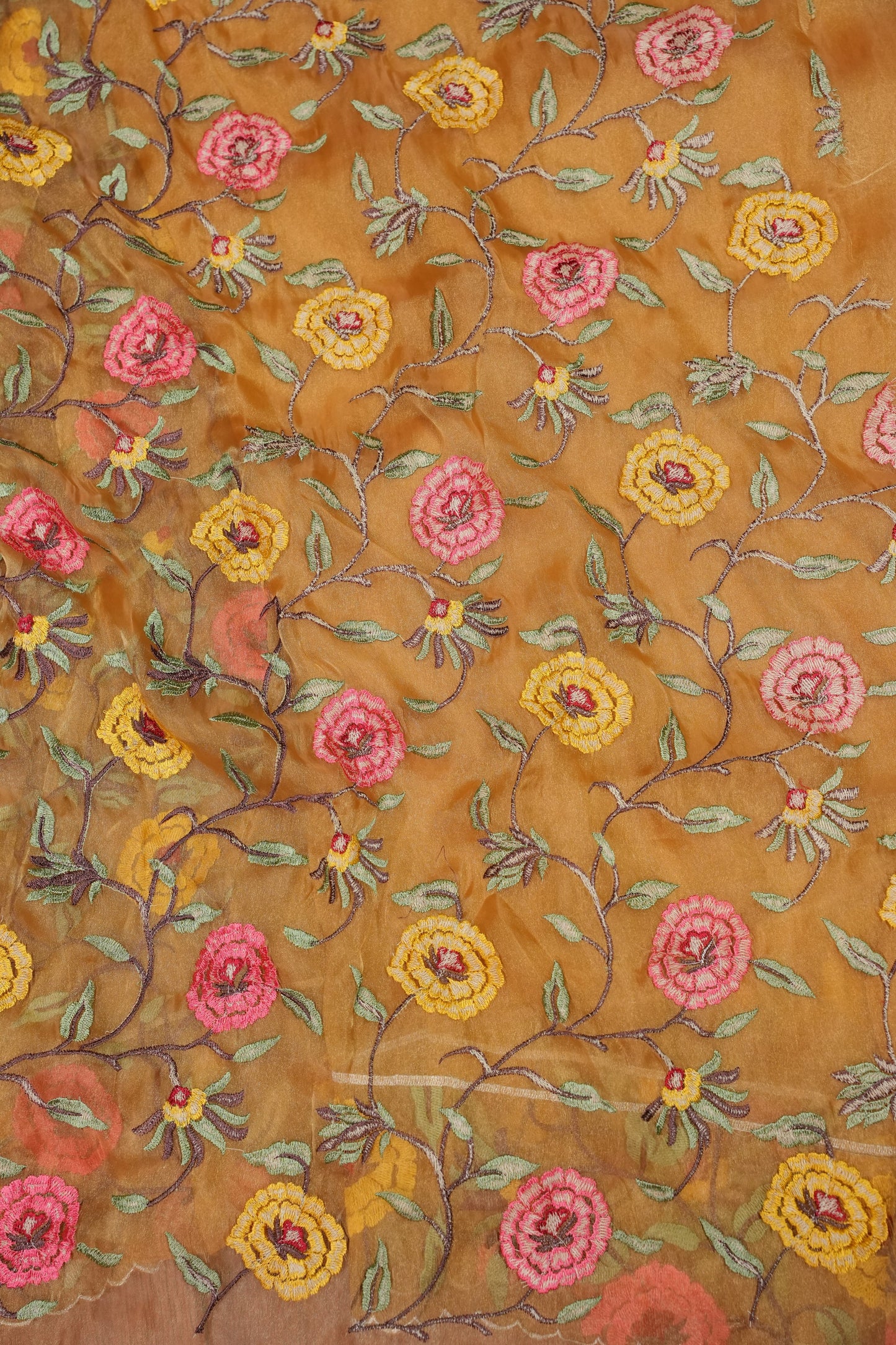 Soft Organza Saree with Floral Embroidered Border - Mustard Yellow