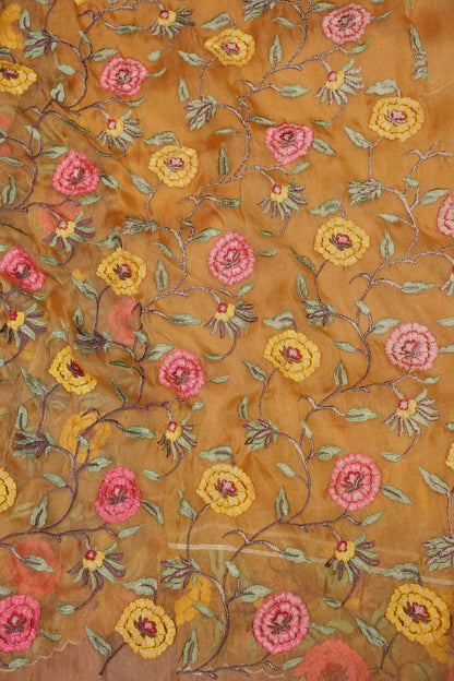 Soft Organza Saree with Floral Embroidered Border - Mustard Yellow