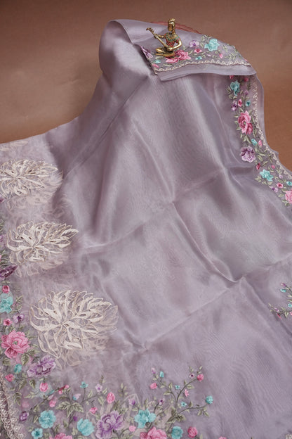 Pure Organza Saree with Floral Embroidered Border - Light Lavender Pastel