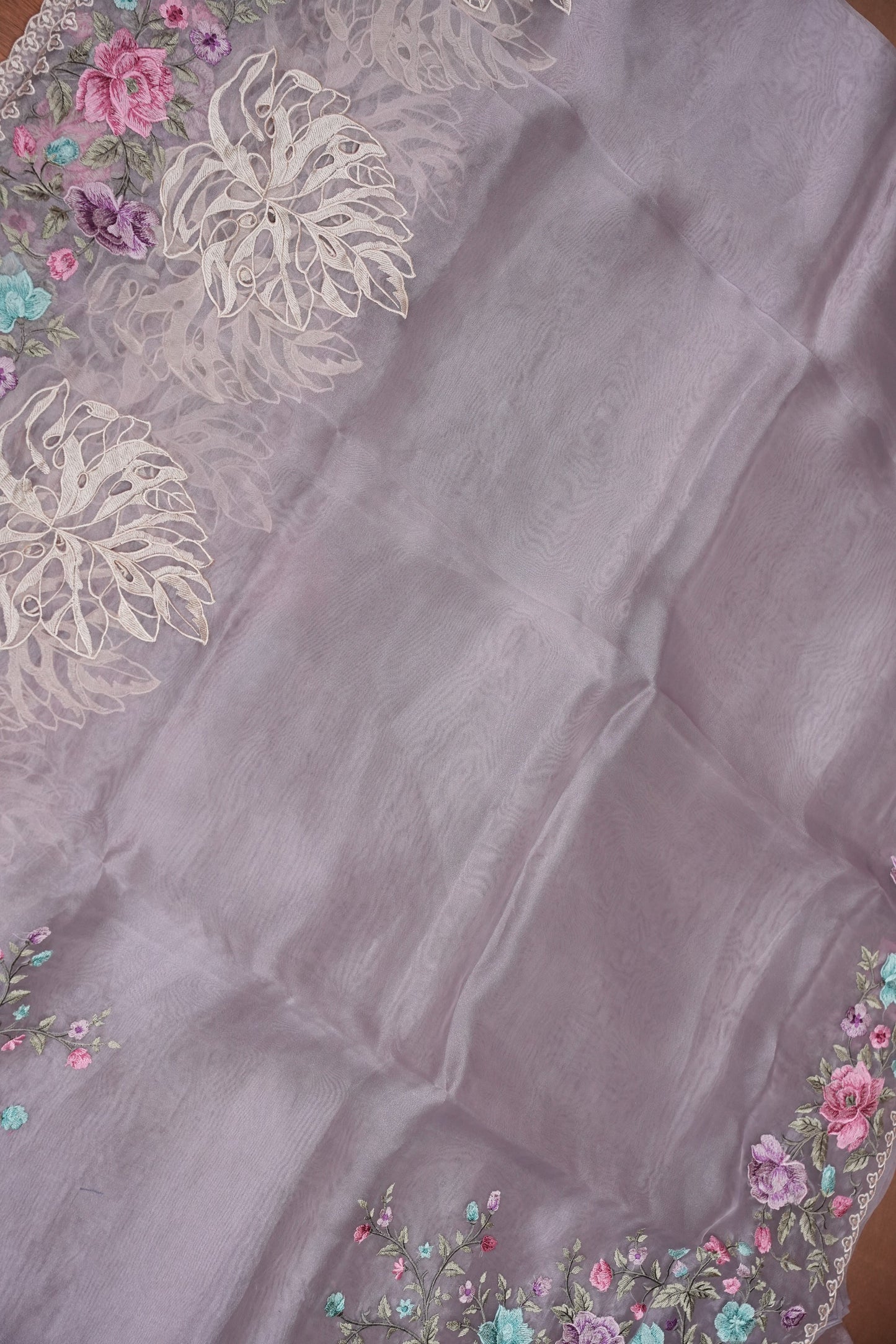 Pure Organza Saree with Floral Embroidered Border - Light Lavender Pastel
