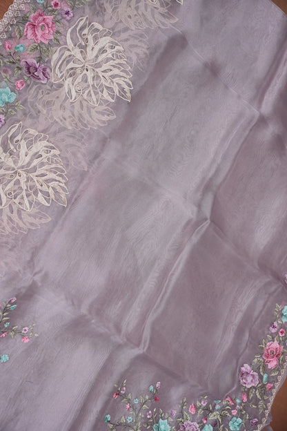 Pure Organza Saree with Floral Embroidered Border - Light Lavender Pastel