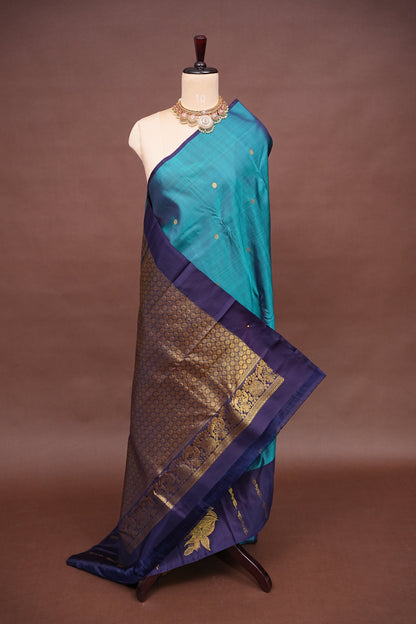 Pure Kanchipuram Silk Saree with Rich Gold Zari Pallu - Teal Blue & Navy Border
