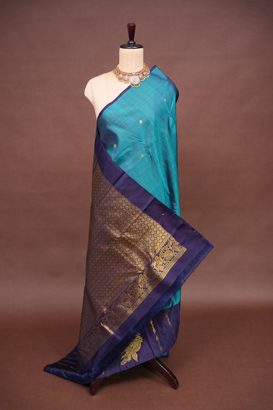Pure Kanchipuram Silk Saree with Rich Gold Zari Pallu - Teal Blue & Navy Border
