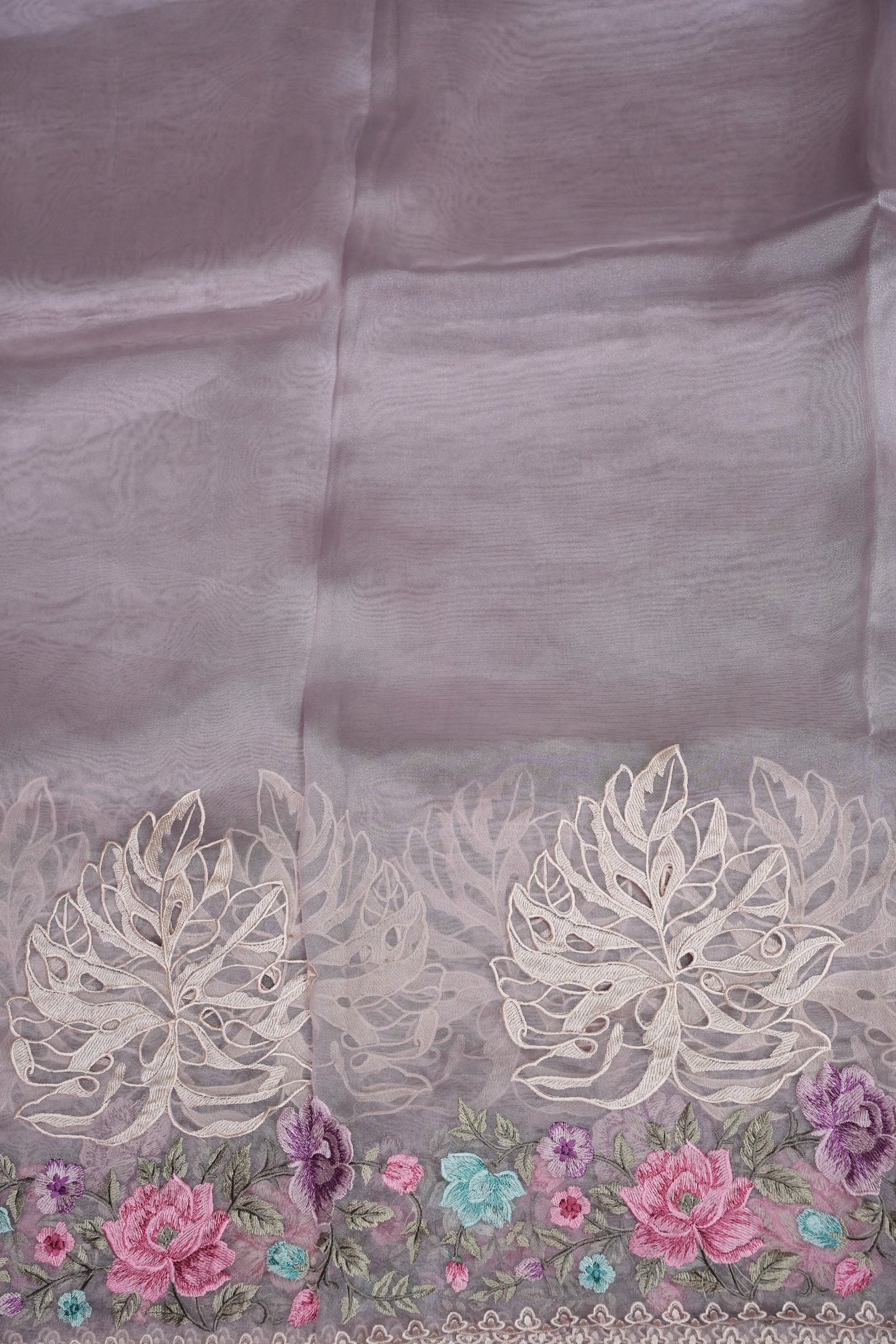 Pure Organza Saree with Floral Embroidered Border - Light Lavender Pastel