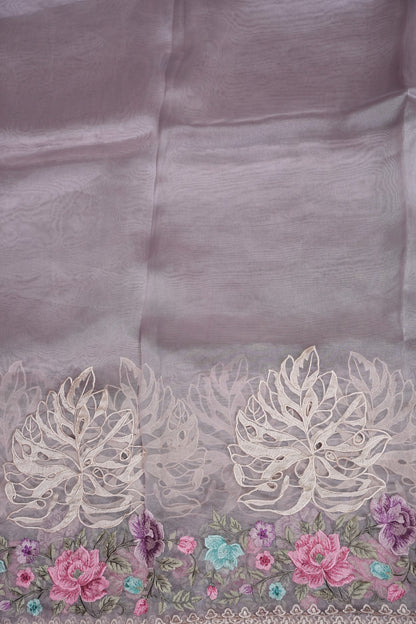 Pure Organza Saree with Floral Embroidered Border - Light Lavender Pastel