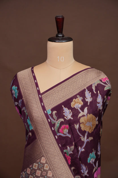 Tussar Banarasi Raw Silk Saree with Floral Paithani Weaves – Wine