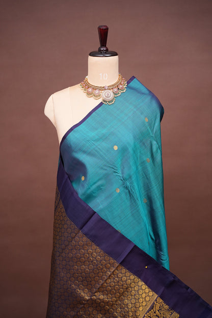 Pure Kanchipuram Silk Saree with Rich Gold Zari Pallu - Teal Blue & Navy Border