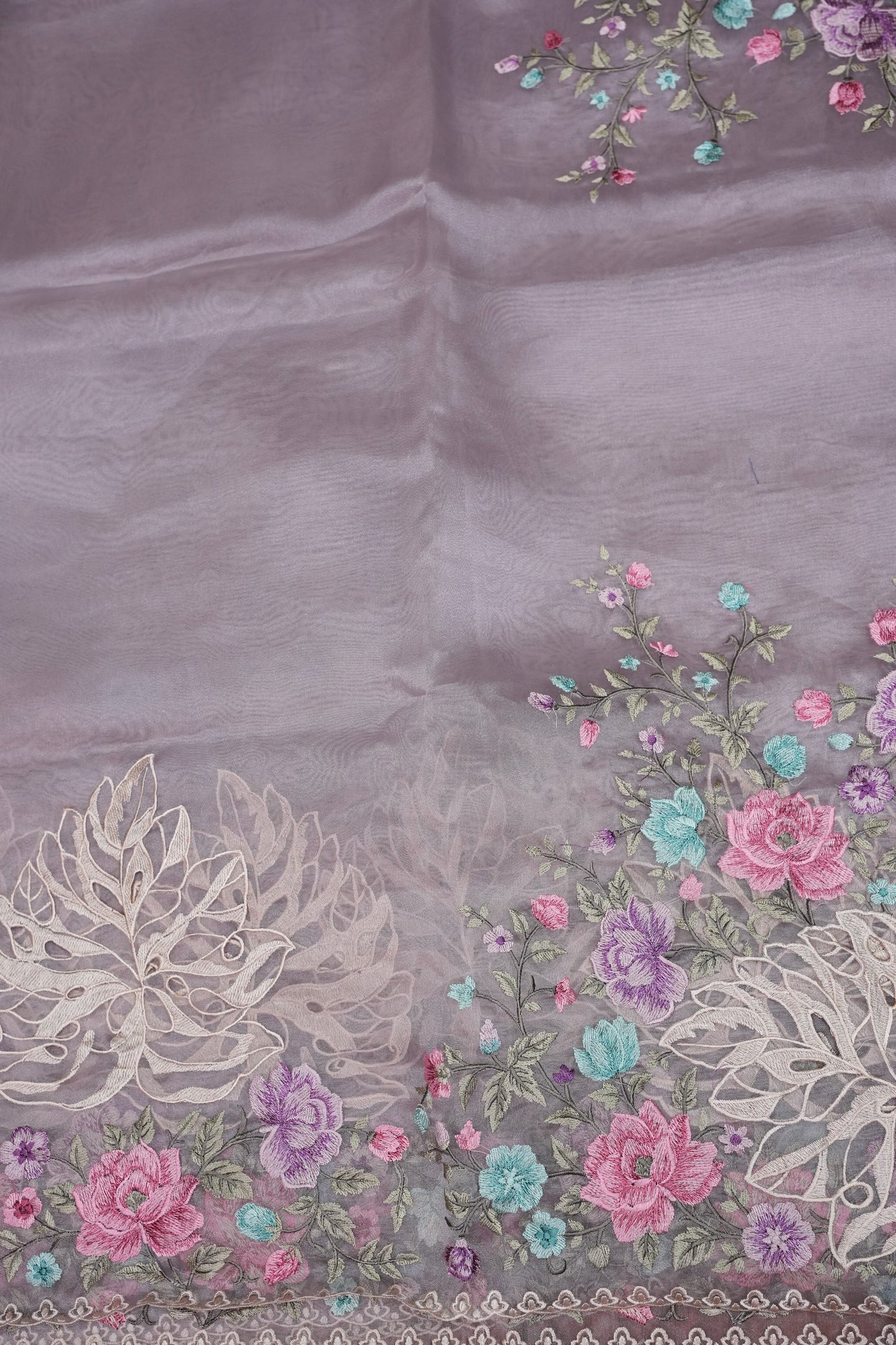 Pure Organza Saree with Floral Embroidered Border - Light Lavender Pastel