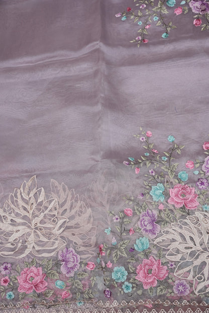 Pure Organza Saree with Floral Embroidered Border - Light Lavender Pastel