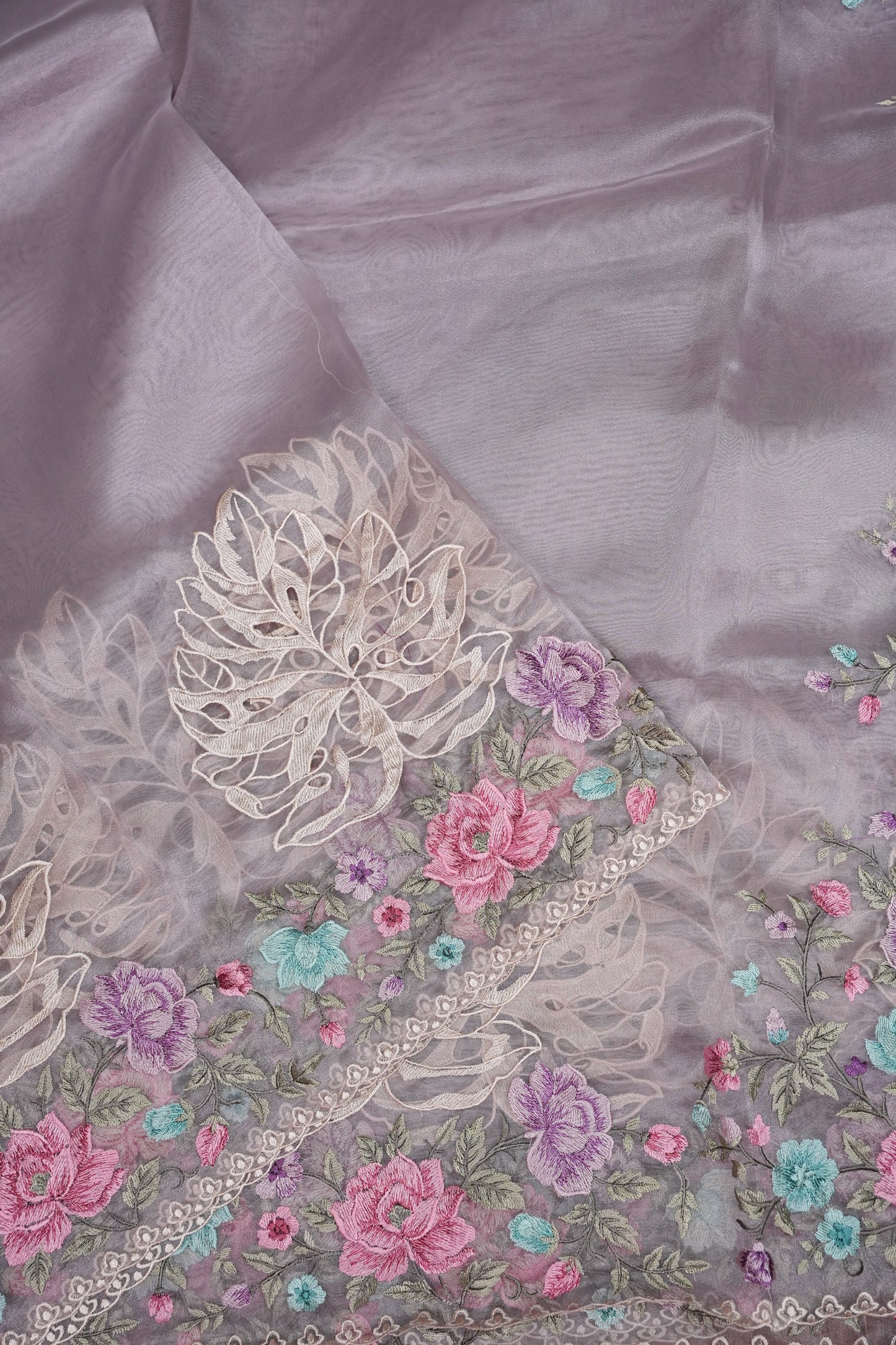 Pure Organza Saree with Floral Embroidered Border - Light Lavender Pastel