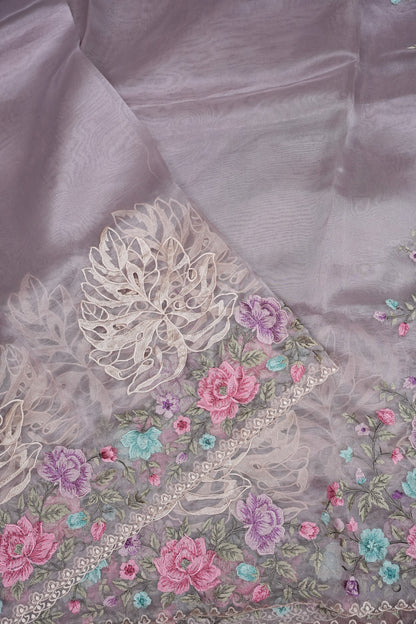 Pure Organza Saree with Floral Embroidered Border - Light Lavender Pastel