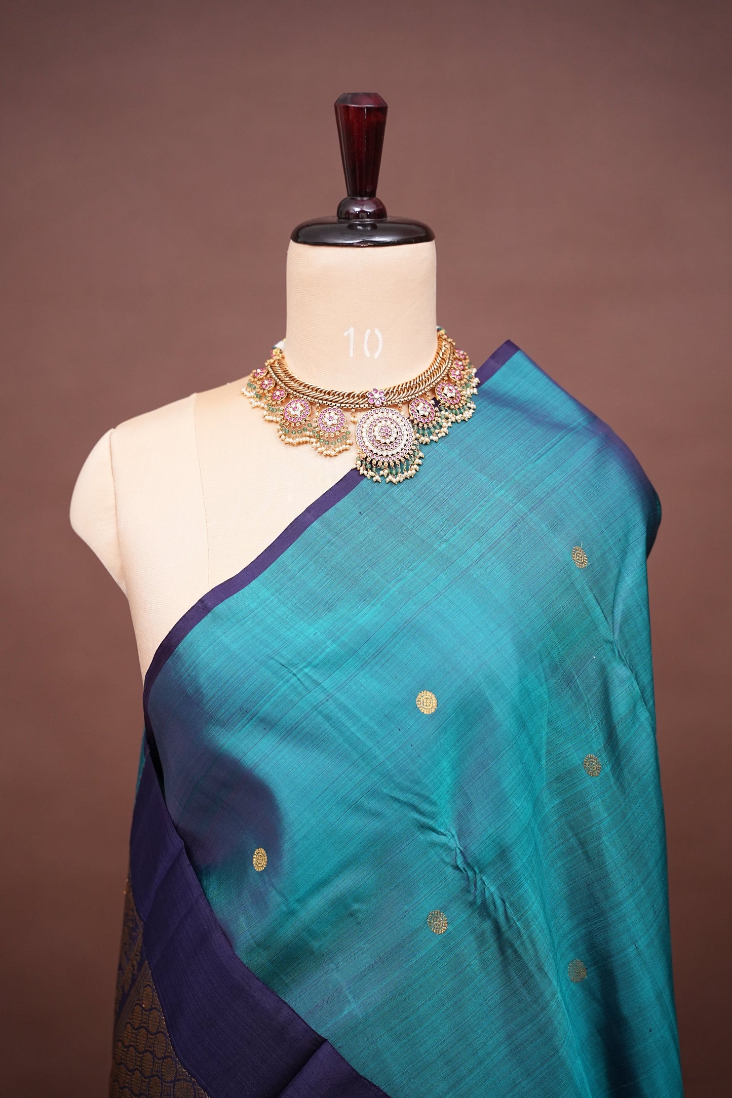 Pure Kanchipuram Silk Saree with Rich Gold Zari Pallu - Teal Blue & Navy Border