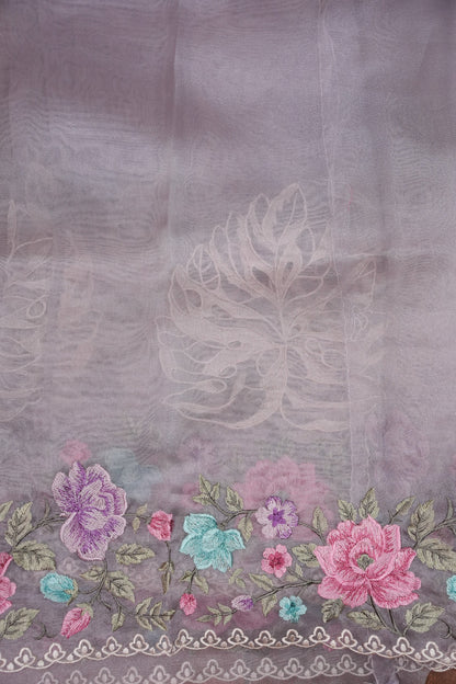 Pure Organza Saree with Floral Embroidered Border - Light Lavender Pastel