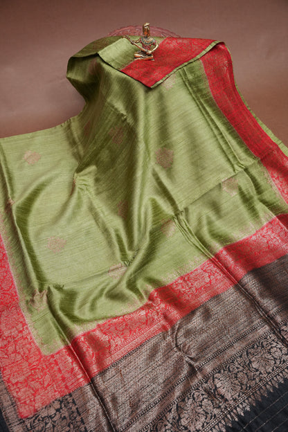 Pure Tussar Raw Silk Saree - Olive Green with 3D Contrast Antique Zari Borders|Silk Mark Certified