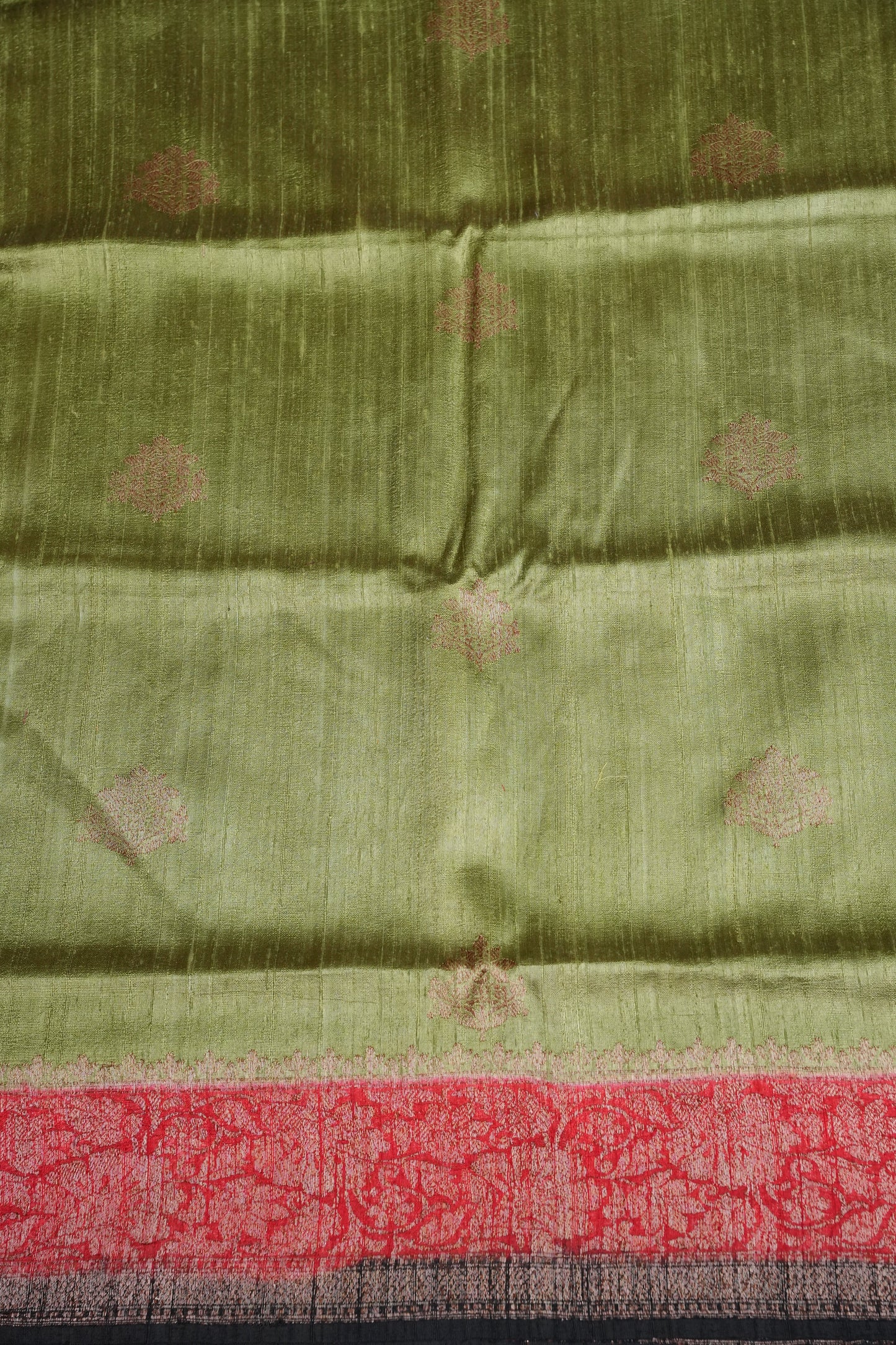 Pure Tussar Raw Silk Saree - Olive Green with 3D Contrast Antique Zari Borders|Silk Mark Certified