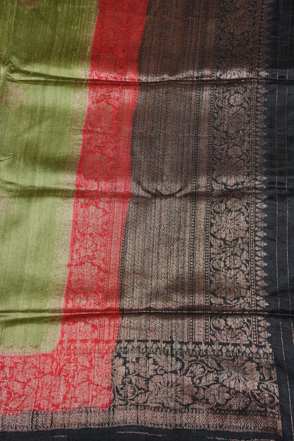 Pure Tussar Raw Silk Saree - Olive Green with 3D Contrast Antique Zari Borders|Silk Mark Certified