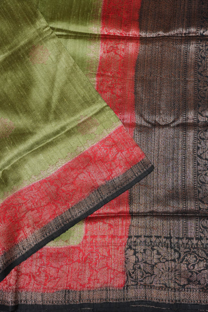 Pure Tussar Raw Silk Saree - Olive Green with 3D Contrast Antique Zari Borders|Silk Mark Certified