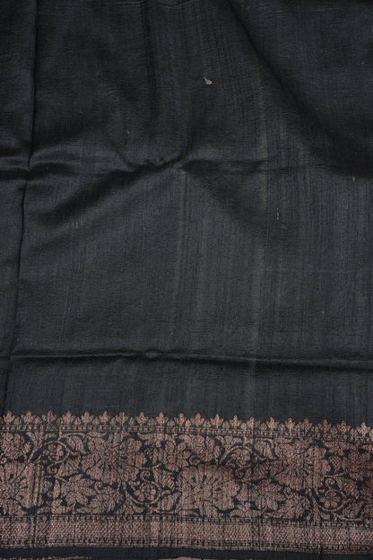 Pure Tussar Raw Silk Saree - Olive Green with 3D Contrast Antique Zari Borders|Silk Mark Certified