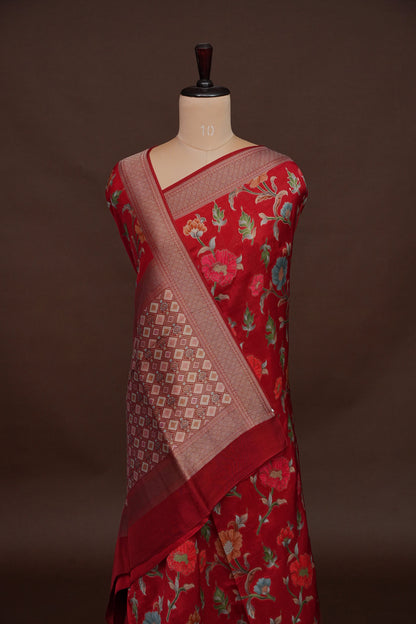 Tussar Banarasi Raw Silk Saree with Floral Paithani Weaves – Deep Red