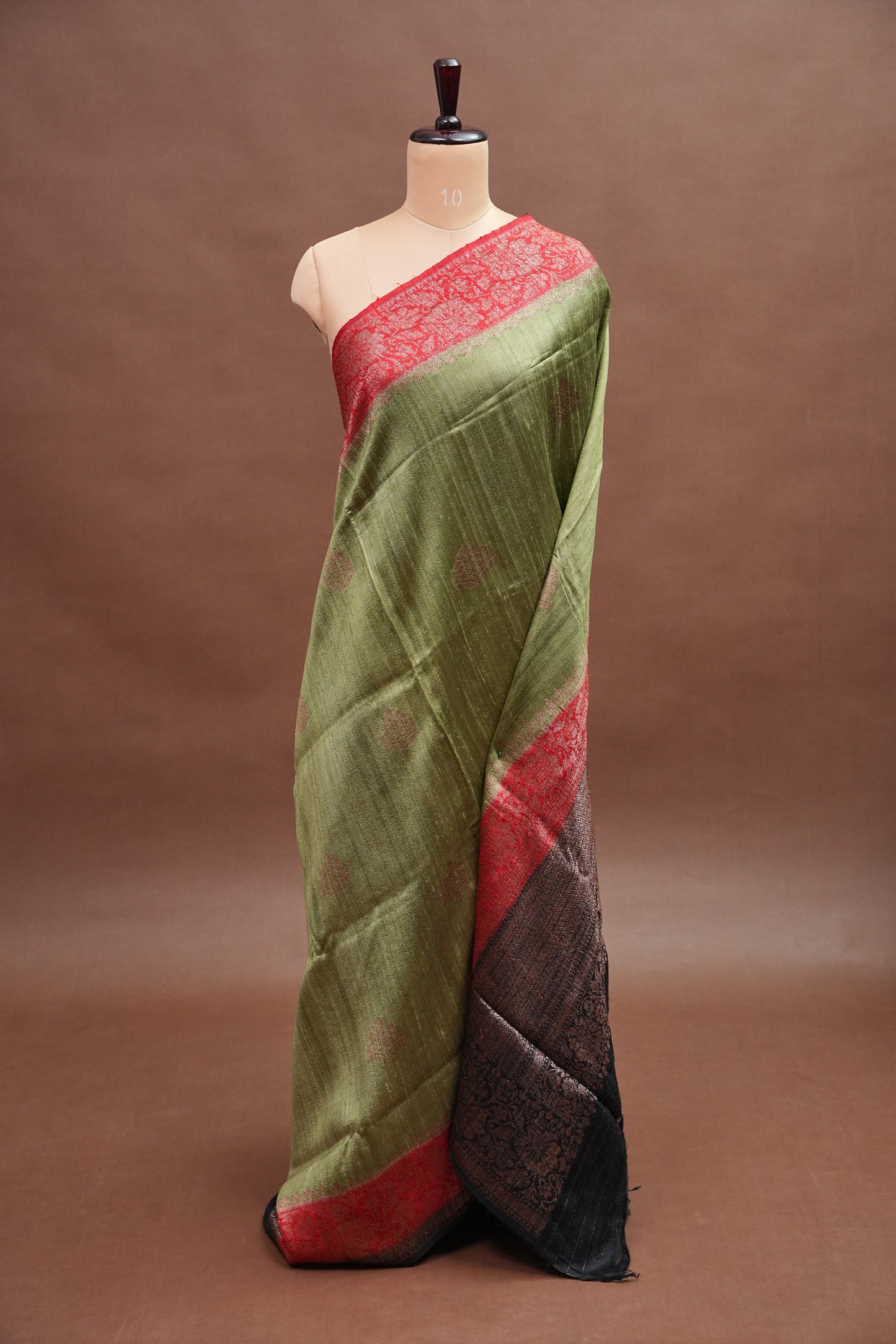 Pure Tussar Raw Silk Saree - Olive Green with 3D Contrast Antique Zari Borders|Silk Mark Certified