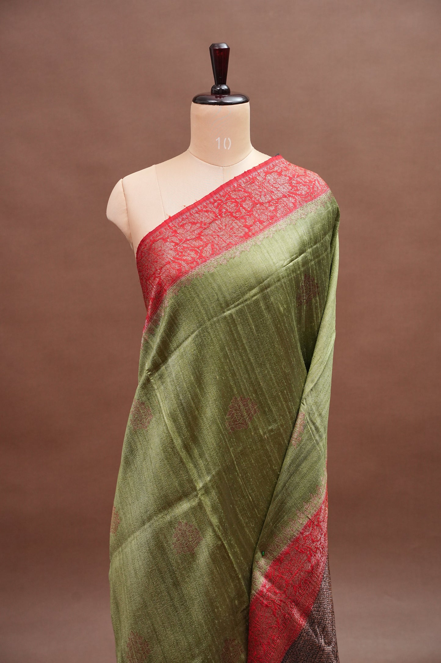 Pure Tussar Raw Silk Saree - Olive Green with 3D Contrast Antique Zari Borders|Silk Mark Certified