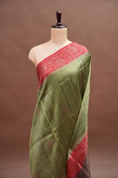 Pure Tussar Raw Silk Saree - Olive Green with 3D Contrast Antique Zari Borders|Silk Mark Certified