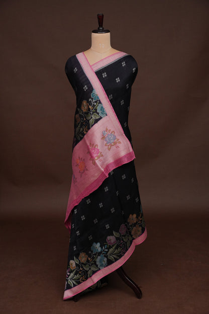 Tussar Banarasi Raw Silk Saree with Floral Paithani Weaves – Bottle Green & Pink
